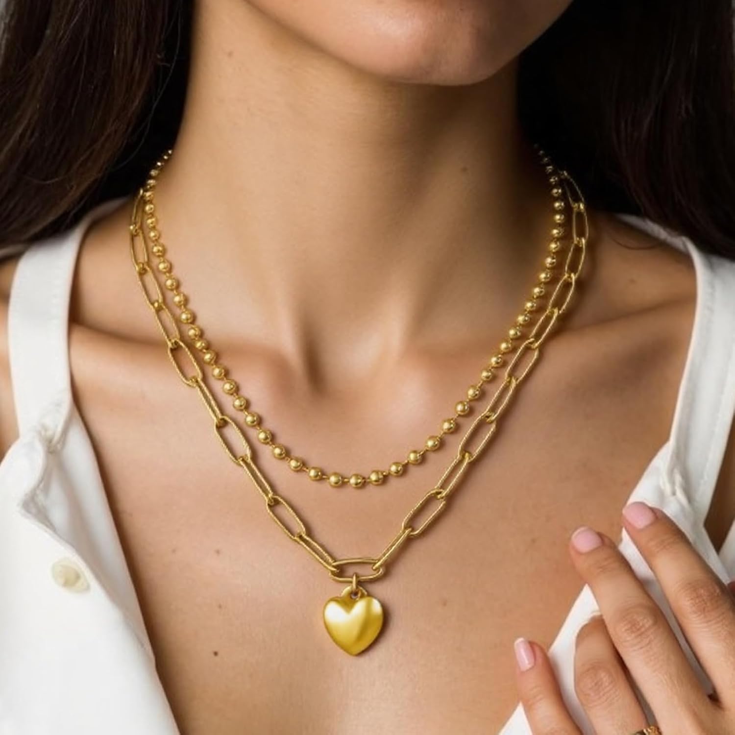 Heart Necklace for Women, 18K Gold Plated Heart Pendant Layered Necklaces Jewelry Gifts Gold Silver - Image 3