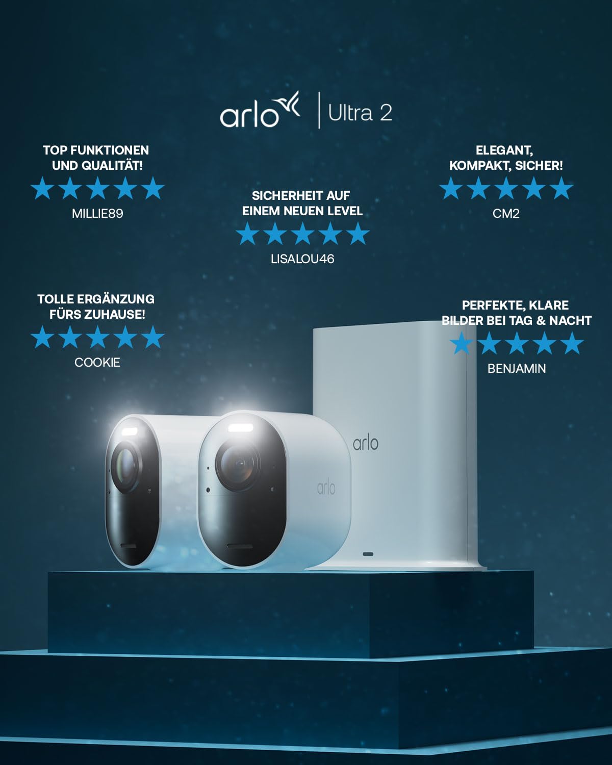 Arlo Ultra2 XL 4K IP zewnętrzna kamera monitorująca, zestaw 2 kamer, 12 msc. pracy akumulatora, bezprzewodowa, tryb nocny w kolorze, czujnik ruchu, syrena, 3 msc. okresu testowego Arlo Secure