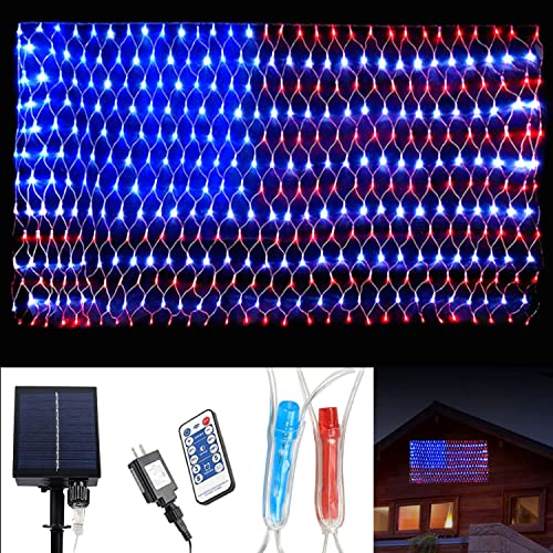 MUYUN American Flag Lights Solar Powered&Plug-in, 420LED Flag Net Light with Remote, 8 Modes Fairy String Light for Christmas Decorations Party Home Decor July 4th Independence Day
