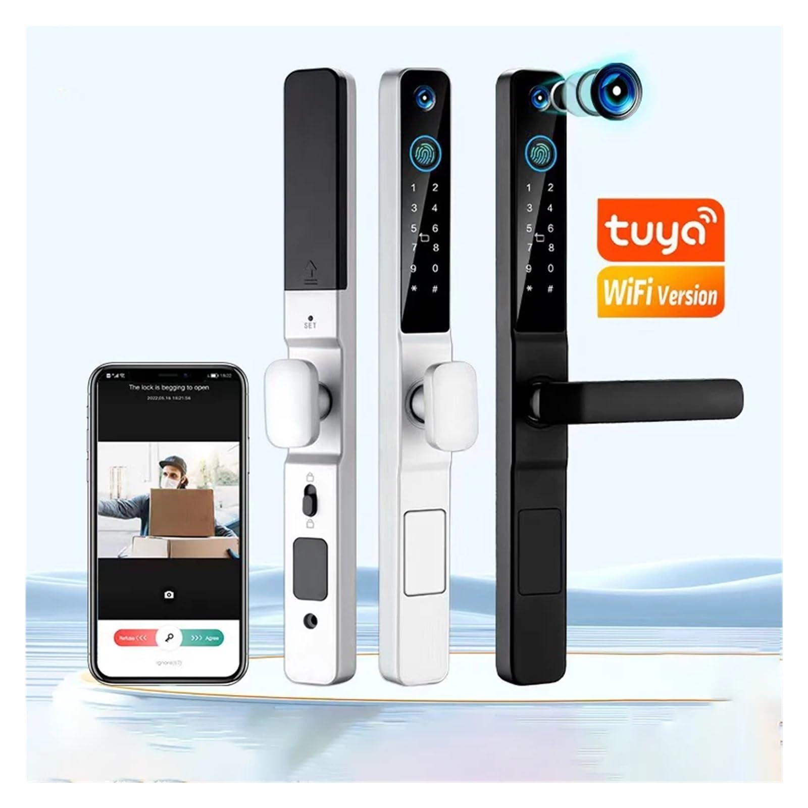 Smart Lock WiFi Tuya Impermeabile, con Fotocamera for Porta Scorrevole in Vetro in Alluminio con Impronta Digitale biometrica, Serratura Elettronica Esterna(Black 4585,Short Handle)