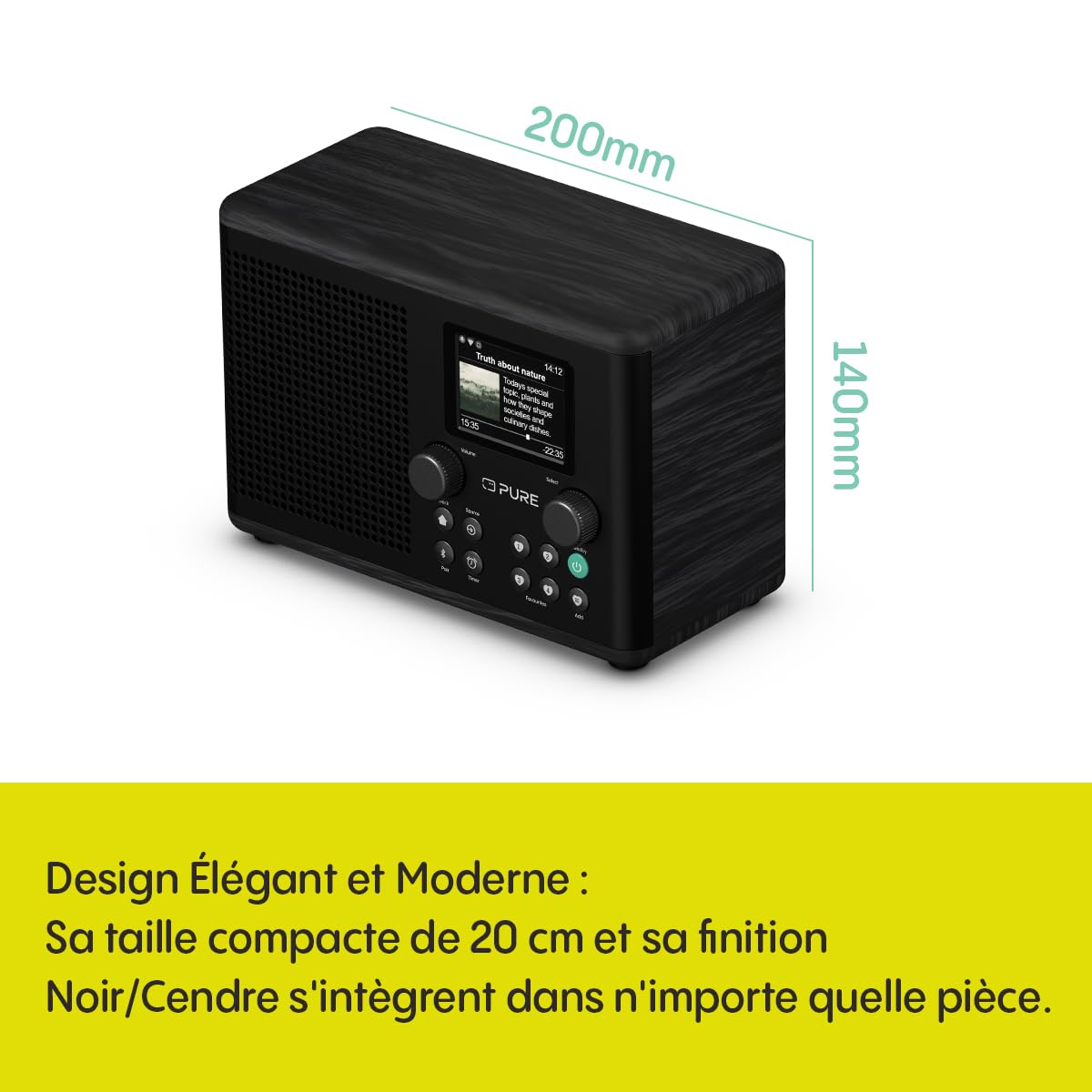 Pure Classic H4i – Radio Internet avec WiFi, Dab+, FM, Bluetooth 5.3 et USB – Haut-Parleur 10 W – Écran Couleur 2,4" – 150 Stations – Minuterie Sommeil et Cuisine – Entrée AUX – Noir
