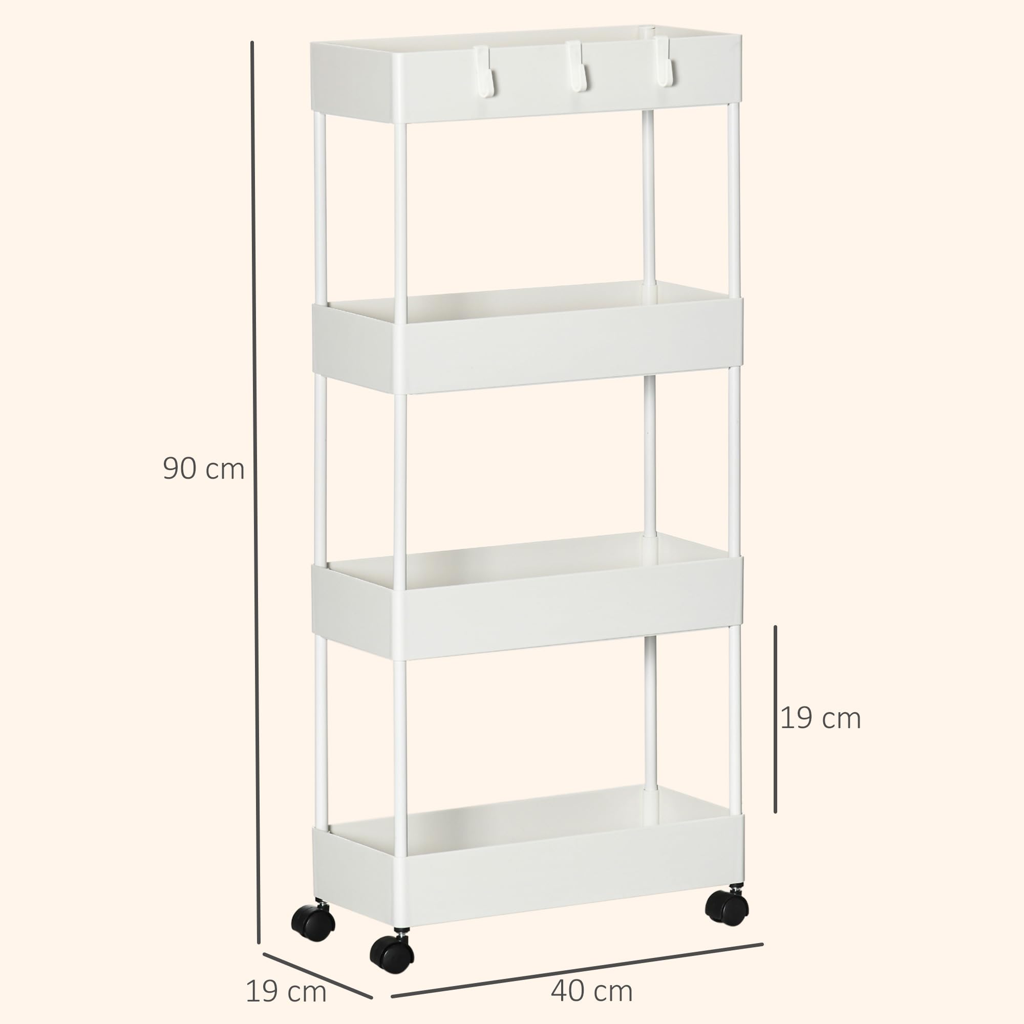 HOMCOM Desserte Chariot de Rangement 4 Niveaux, Chariot de Service Blanc | Desserte à Roulettes avec Paniers et Crochets Amovibles, pour Cuisine, Salon, Salle de Bain, Bureau