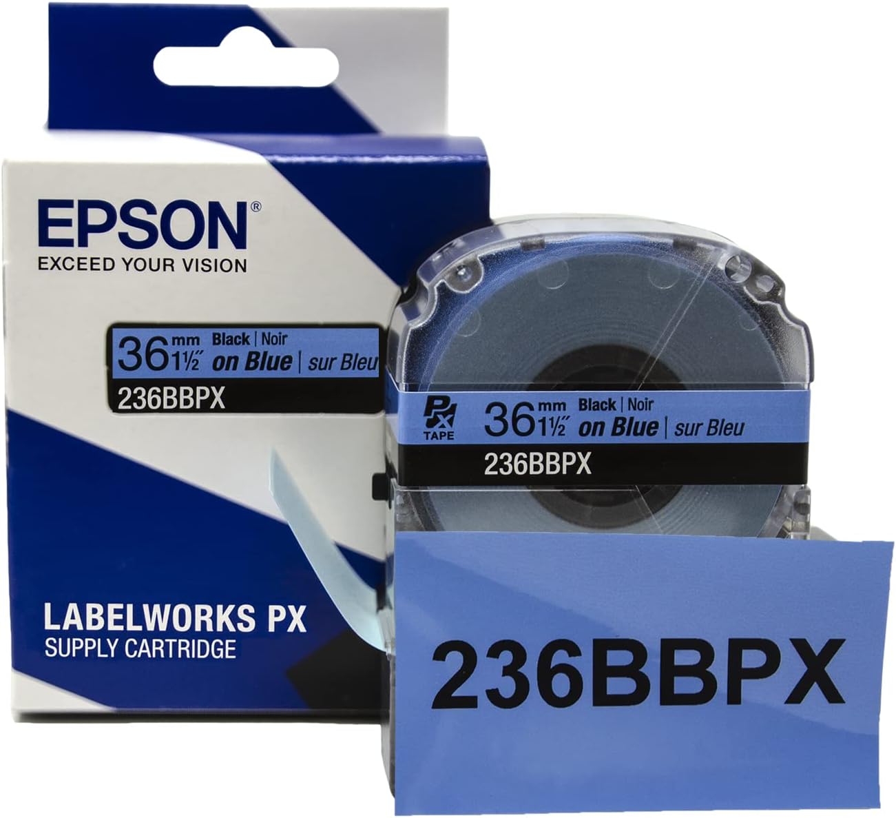 Epson LABELWORKS 236BBPX PET (Polyester) Tape Cartridge - Black on Blue Label Maker Tape - 1.5" (36MM) Wide, 30'