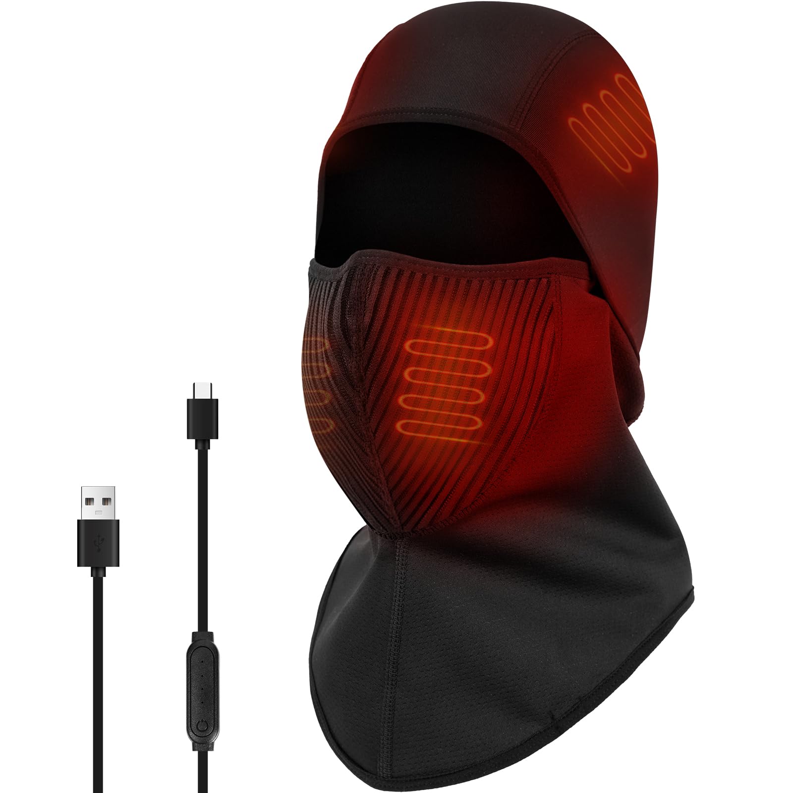 V.StepHeated Balaclava, USB Wire Control Heated Ski Mask with Timer Windproof Heated Hat Balaclava Face Mask for Football Motorcycle Hunting Men Women (No Battery), Black
