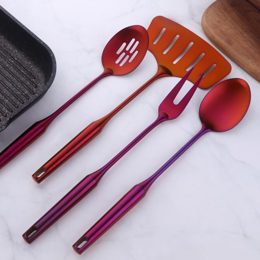 Set di utensili da cucina in acciaio inox di alta qualità, 10 pezzi, arancione rosso placcato in titanio, con cucchiai, spatole, mestoli, utensili da cucina moderni e accessori