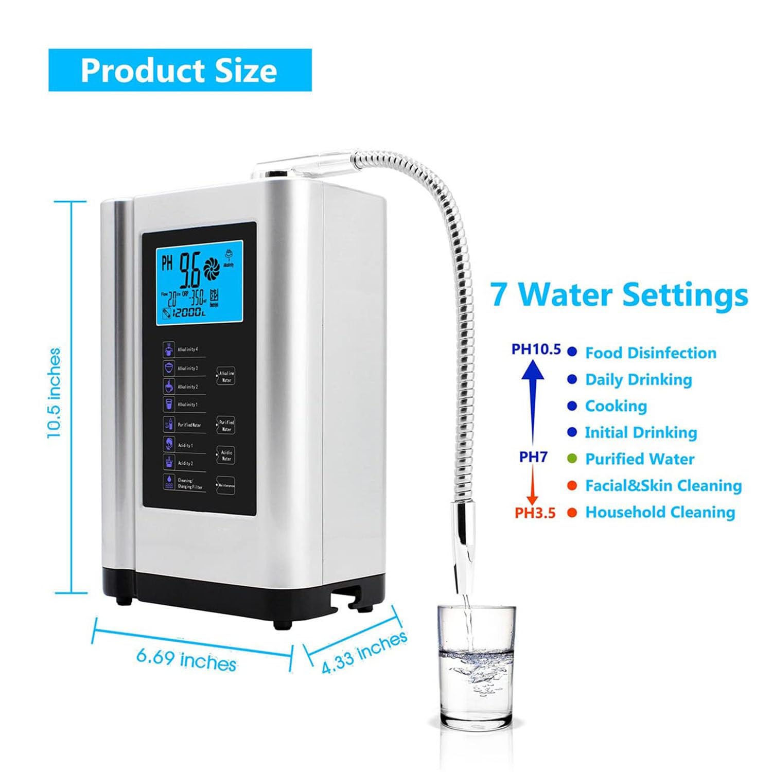 Ionizzatore d'Acqua alcalina PH3.5-10.5 Generatore di idrogeno Purificatore Macchina LCD da 3,8 Pollici Filtro per Acqua Potabile acida alcalina Domestica, con 8000 Litri per Filtro,Silver
