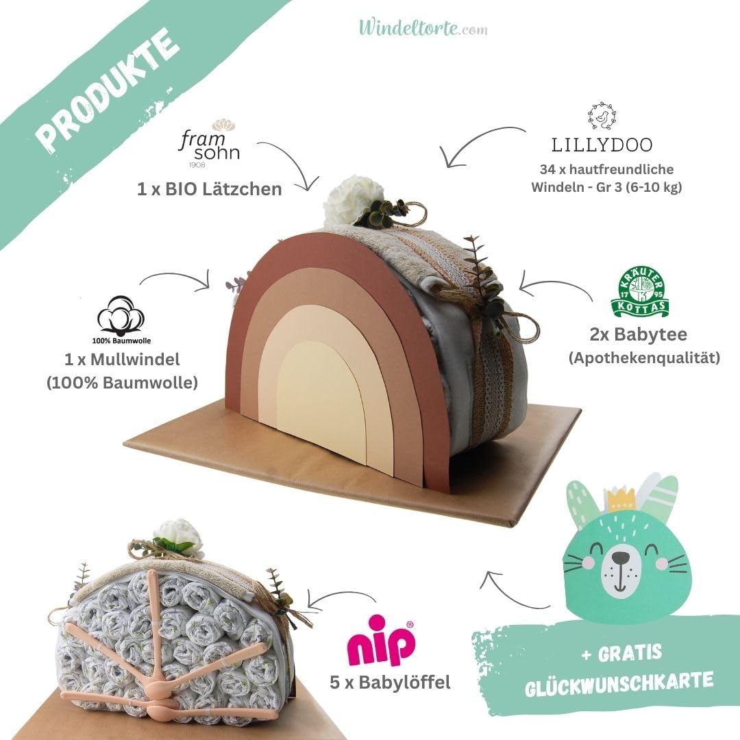 Regenbogen Vintage [JUTE & STILVOLL] - Jungen & Mädchen - Neutral Unisex - Geschenk zur Geburt - Baby Party - Babyshower - Pullerparty - Babyartikel - Windeln - Jetzt Torte kaufen