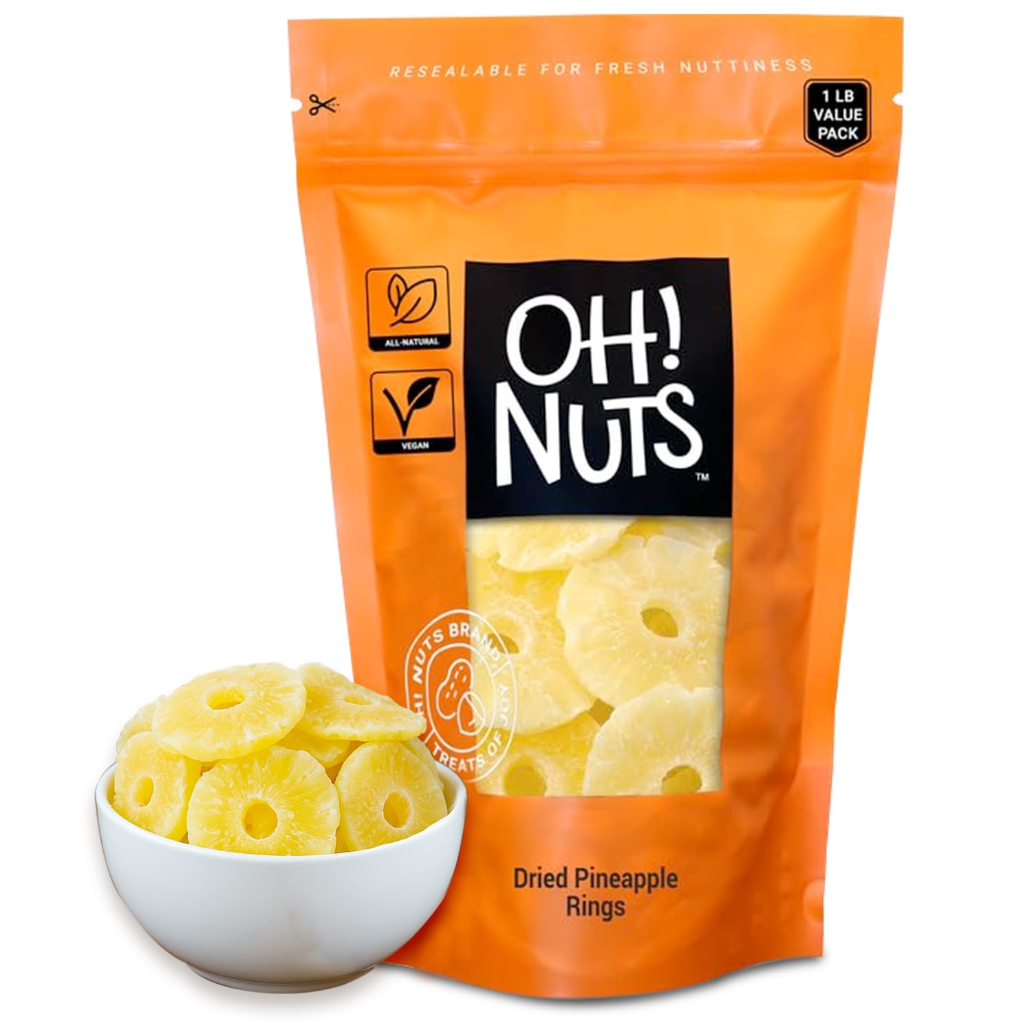 Oh! Nuts Dried Pineapple - 1 lb - Dried Fruit Rings - Organic Sweet - Dehydrated Fruit Bites - Packed in New York Zip-Seal Bag for Exceptional Freshness