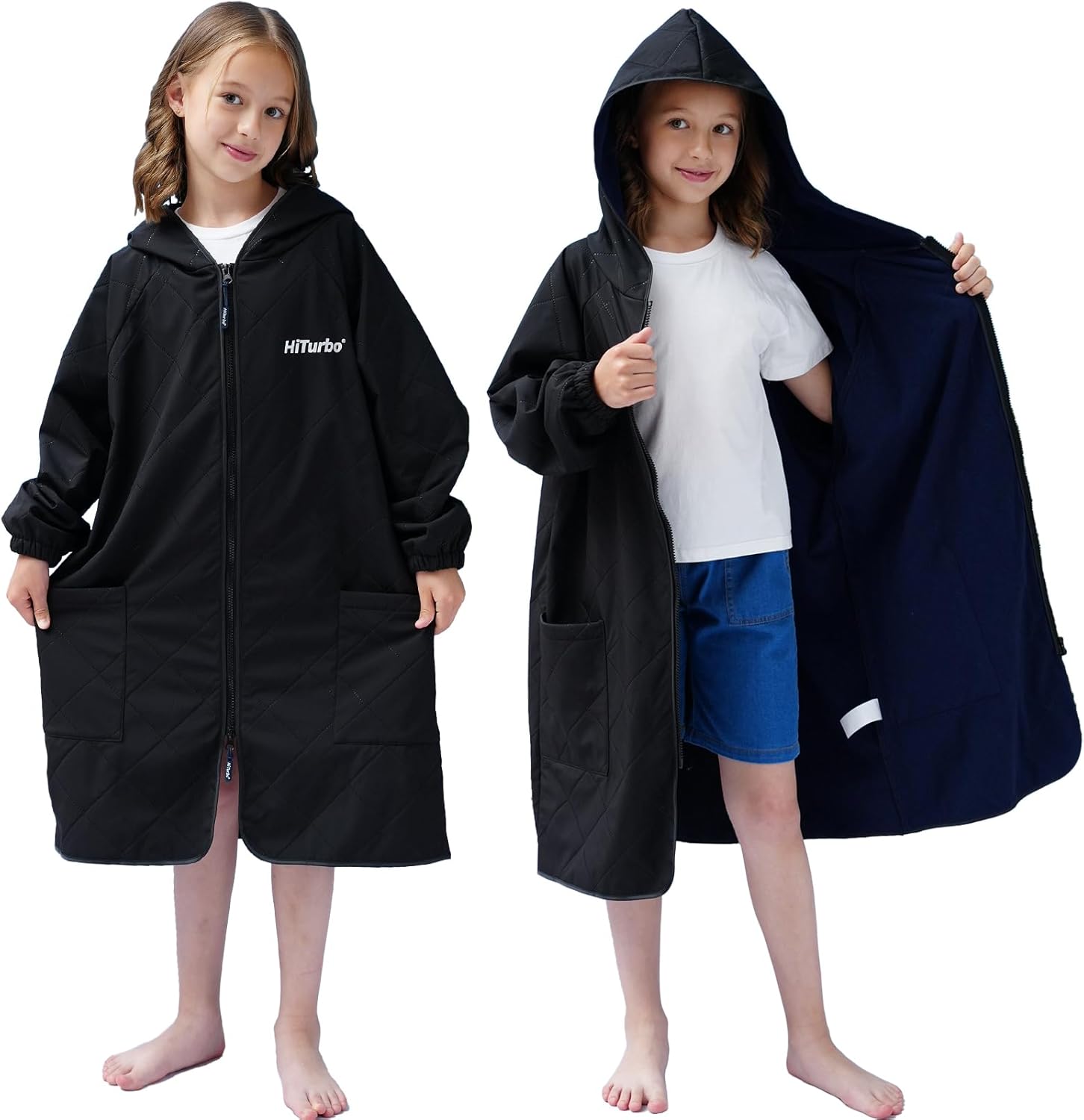 Hiturbo Waterproof Kids Swim Parka: Lightweight Windproof Swimming Surf Poncho - Hooded Swimmer Changing Jacket for 7-12 Yrs