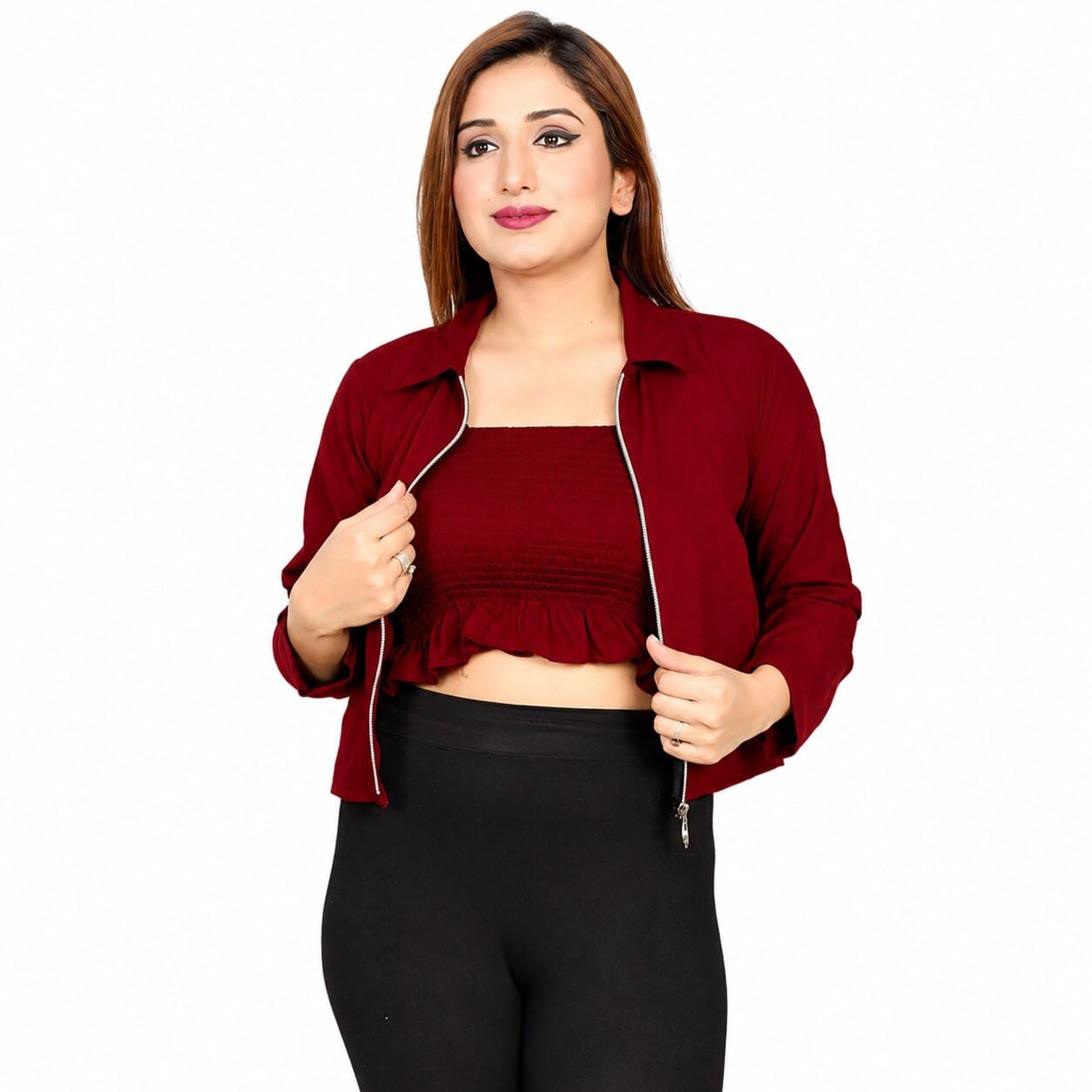 kartmitra Crop Top with Jacket, Women's Two-Piece Coordinated Set, Dark Green, Machine Wash Cold-picture-38