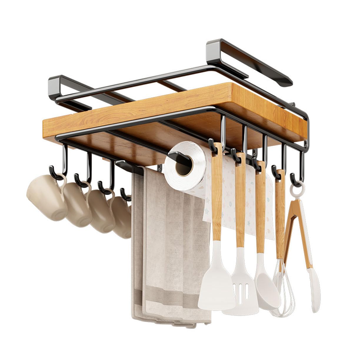 Cesta de almacenamiento de metal para colgar debajo del estante para cocina con soporte para tabla de cortar, soporte para rollo y ganchos, estante para armario que ahorra espacio, solución de