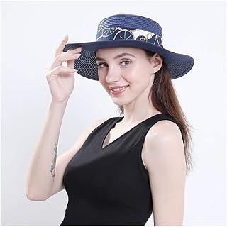 SGJFZD Nuevas Mujeres Sombrero de Paja Sombrero de Sol Plano Superior Trigo Natural Sombrero de Paja Mujeres Verano Bow-Nudo Sombrero de Playa (Color : Azul Oscuro, tamaño : 56-58CM)