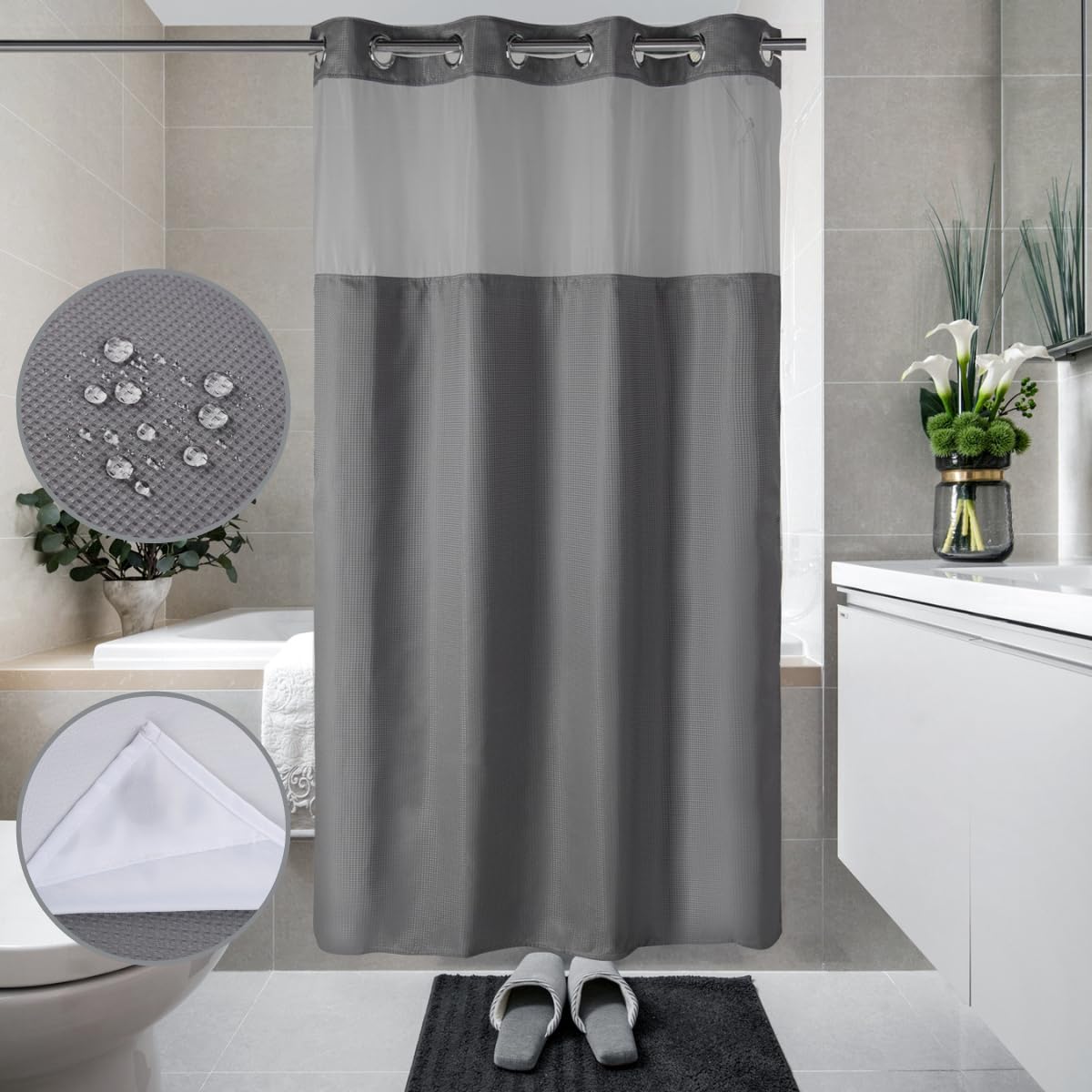 Cortina de ducha sin ganchos de 54 pulgadas de ancho x 78 pulgadas de largo, con forro a presión con imanes, lavable a máquina, parte superior transparente, gofre gris