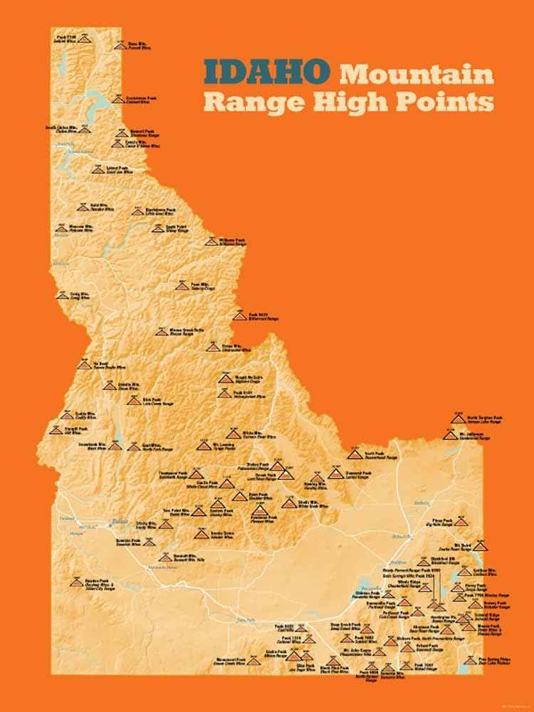 Idaho Mountain Ranges Map Amazon.de: Idaho Mountain Range Hohe Punkte Karte 18 X 24 Poster 18" X 24"  Cream & Orange