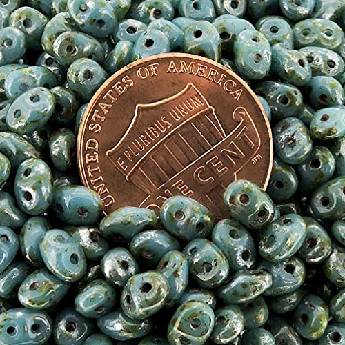 Czech Two-Hole Seed Beads 5.5X2.5Mm Superduo Turquoise Blue Picasso 22.5 Gram Tube #TOP2