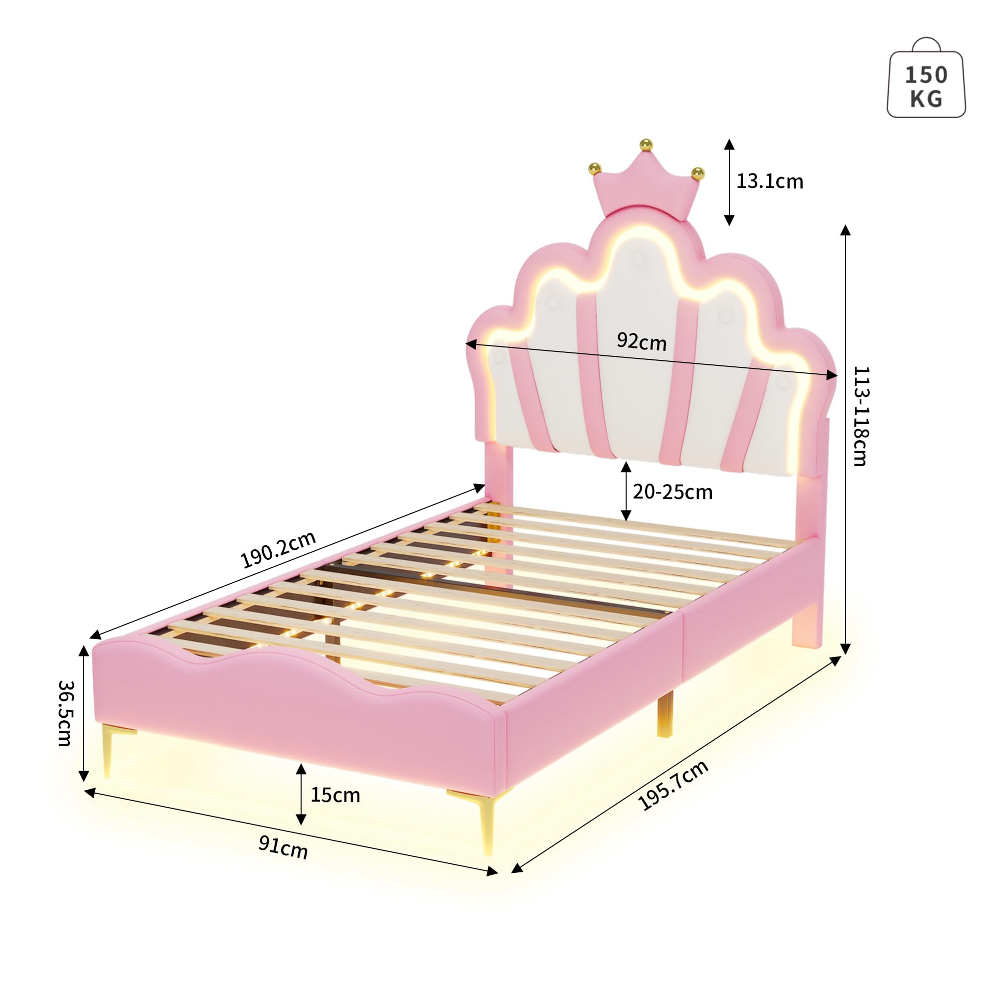 Générique Lit Enfant Rembourré 90x190 cm avec LED, Lits Double pour Fille, lit d'Adolescent avec Tête de Bed Réglable en Hauteur Princesse Couronne et Sommier à Lattes, PU Rose