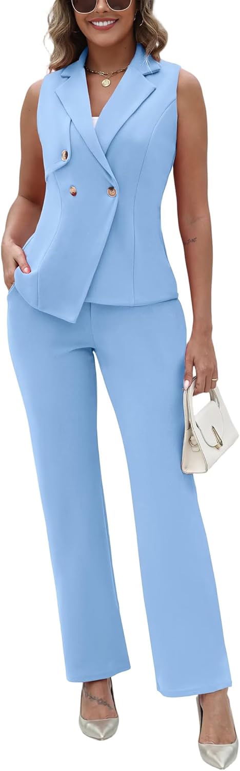 Pant Suits for Women Dressy V Neck Sleeveless Vest Blazer Wide Leg Pants Sets 2 Piece Business Casual Work Outfit