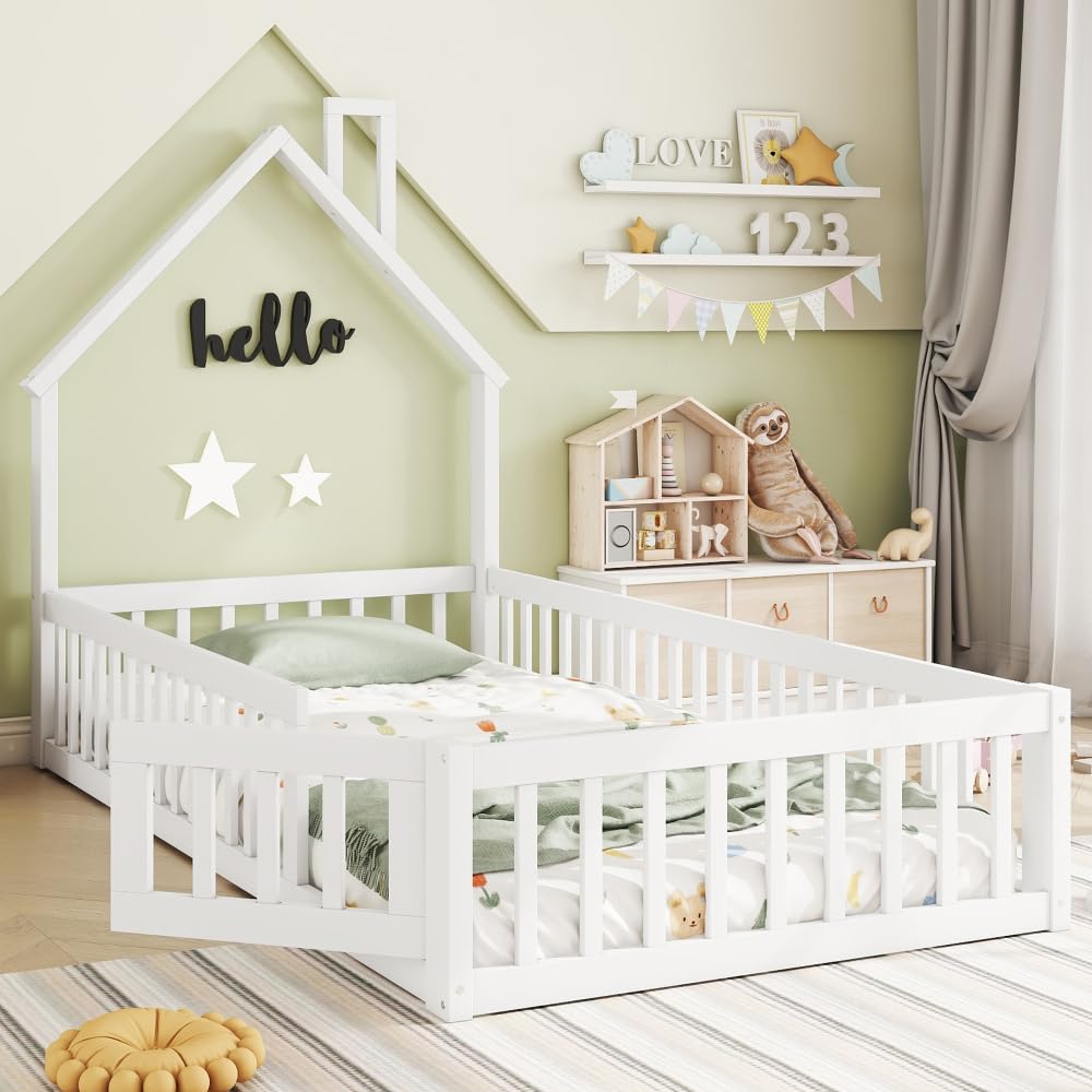 Cama nido para niñas, cama infantil con forma de chimenea, cama con somier (sin colchón), madera de pino, estilo minimalista (blanco, 90 x 200 cm)