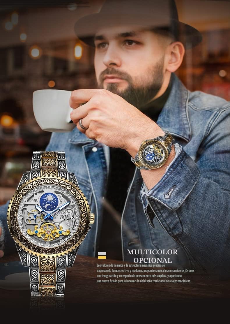 FORSINING Reloj automático con Grabado de Esqueleto para Hombre, Fase Lunar, Reloj de Pulsera de Cuerda automática, Oro/Plata, Reloj mecánico y automático