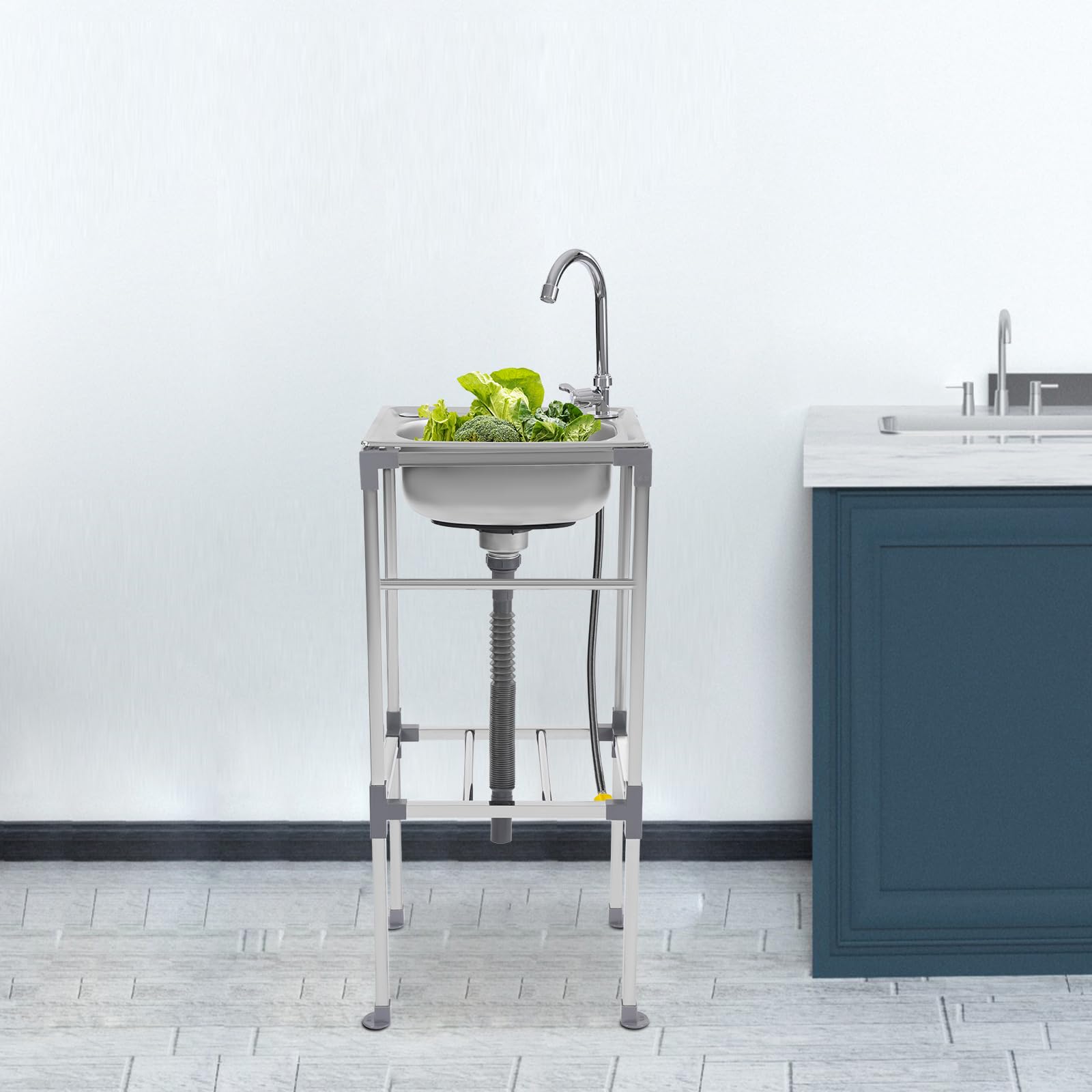 Lavabo indipendente in acciaio inox 60kg di portata 42x37x83cm | Lavabo commerciale silenzioso con rubinetto a 360° e scarico | Lavabo mobile per cucina, ristorante, garage, campeggio | Antiruggine