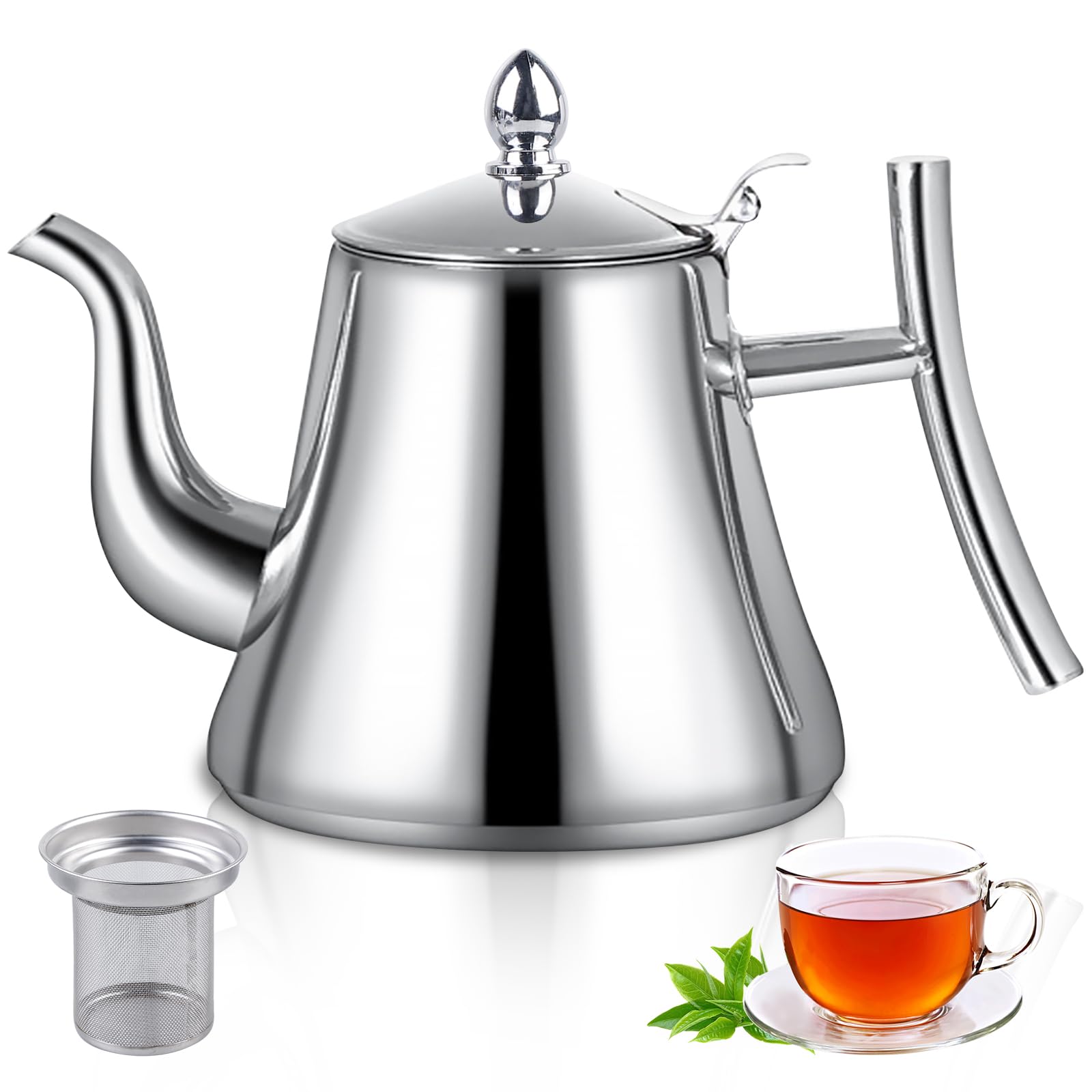 Théière en acier inoxydable facile à verser avec infuseur filtre à induction, bouilloire à thé pour thé en vrac, thé vert, café (1,5 l Théière en acier inoxydable facile à verser avec infuseur filtre à induction, bouilloire à thé pour thé en vrac, thé vert, café (1,5 l