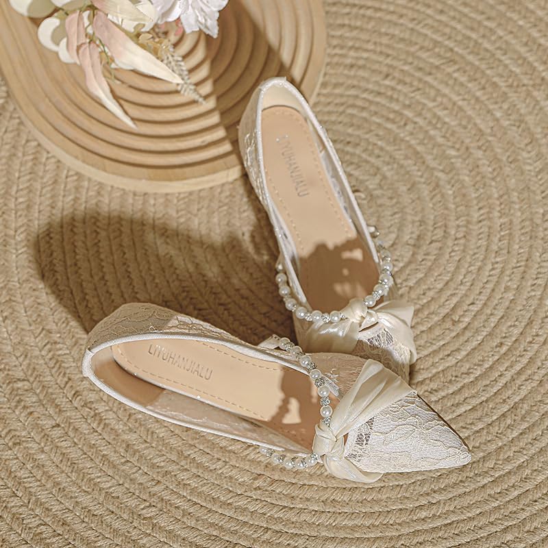 Lace Ballet Flats for Women Pointed Toe Slip On Floral Lace Flat Comfy Dressy Rhinestones Lace Ivory Wedding Bride Shoe