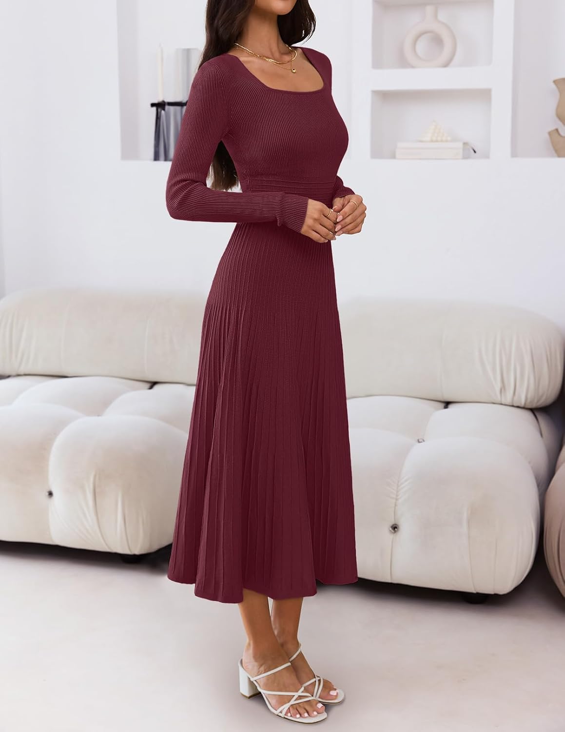 MEROKEETY Women's Sweater Dress 2025 Fall Winter Casual Long Sleeve Square Neck Pleated Church Work Knit Midi Dresses - Image 2