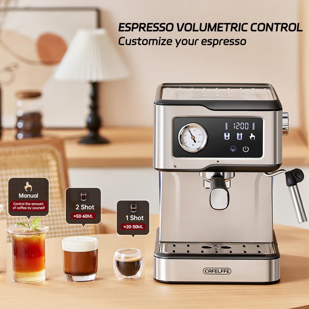 Ekspres do kawy Cafelffe MK-901 z spieniaczem do mleka – 950 W / 1,5 l, pompa 20 barów, inteligentny ekran dotykowy, obudowa ze stali nierdzewnej, mocna para do latte/cappuccino