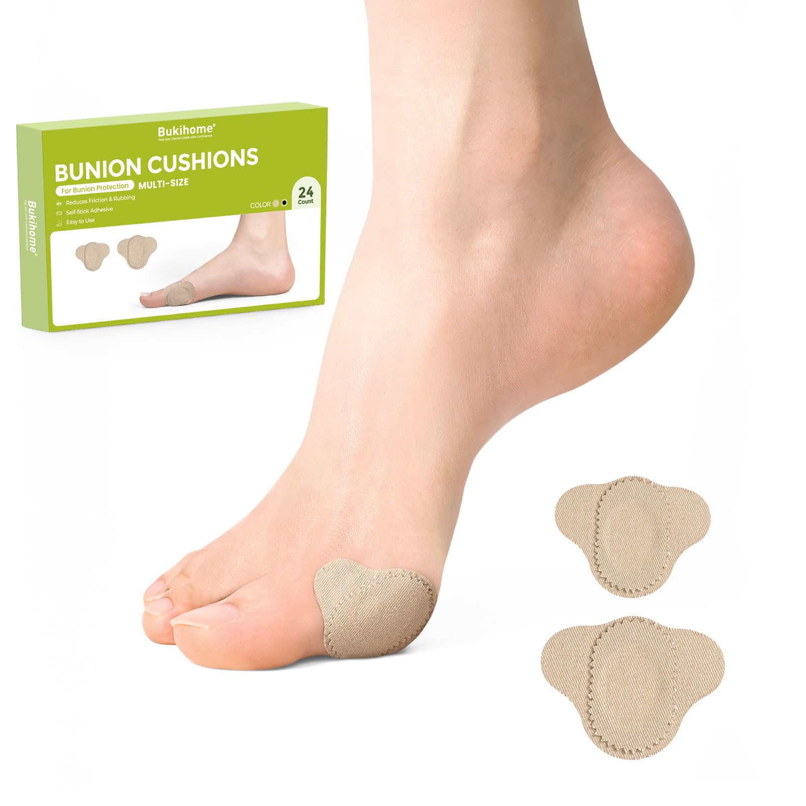 Bukihome Almohadillas para juanetes para llevar con zapatos, 24 piezas de moleskin para pies, resistentes al agua, cojines para alivio del dolor de juanetes para comodidad y protección durante todo el