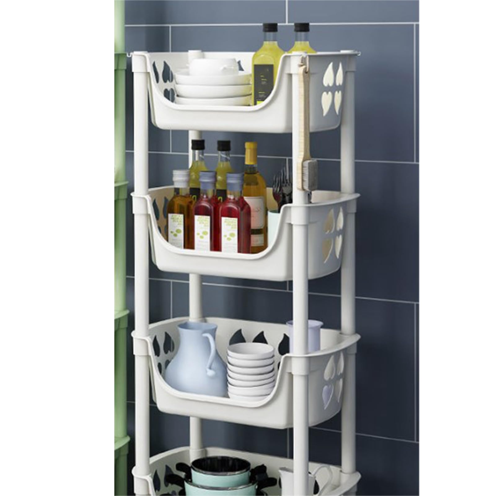 Estante de almacenamiento de cocina con ruedas, cesta de frutas y verduras, estante de almacenamiento de alimentos de varios niveles para cocina, despensa, baño, sala de estar (beige)