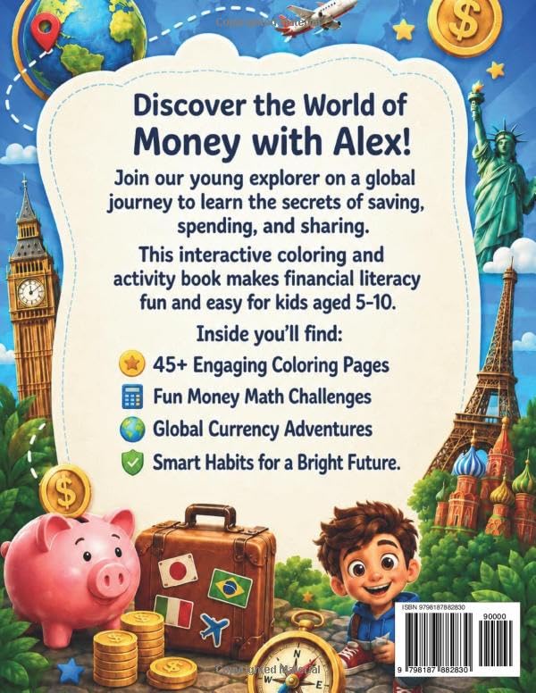 Alex's First Money Adventure: A Financial Literacy Coloring & Activity Book for Kids Ages 5-10: Learn Saving, Spending, Giving, and Simple Money Math ... a Global Journey (Alex's Adventures Series) image 3
