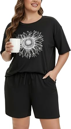Womens Plus Size Pajama Set Short Sleeve Top & Shorts with Pockets, Sunflower Print, Soft Comfortable