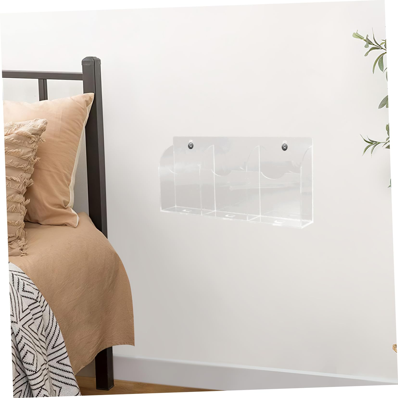Elegante supporto da parete in acrilico trasparente per telecomandi e telefono con scomparti, moderno per telecomandi TV e forniture per ufficio, design salvaspazio