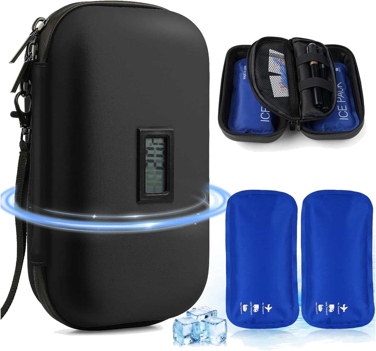 Tyrkuiy Insulin Cooler Travel Case with Temperature Display,Refrigerated Medicine Diabetic Cooler for Travel TSA Approved with 2Pack Reusable Ice Bag Keeping 24H Cool (Black)