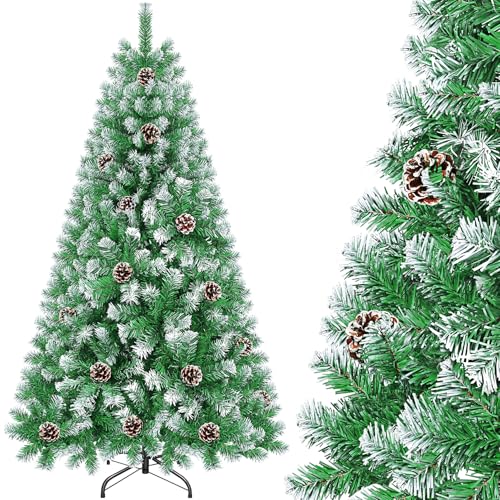 Árvore de Natal artificial 180 cm 800 ramos com neve e pinhas, árvore de Natal artificial realista com suporte, abeto árvores de Natal PVC fácil de montar para decoração natalícia, verde