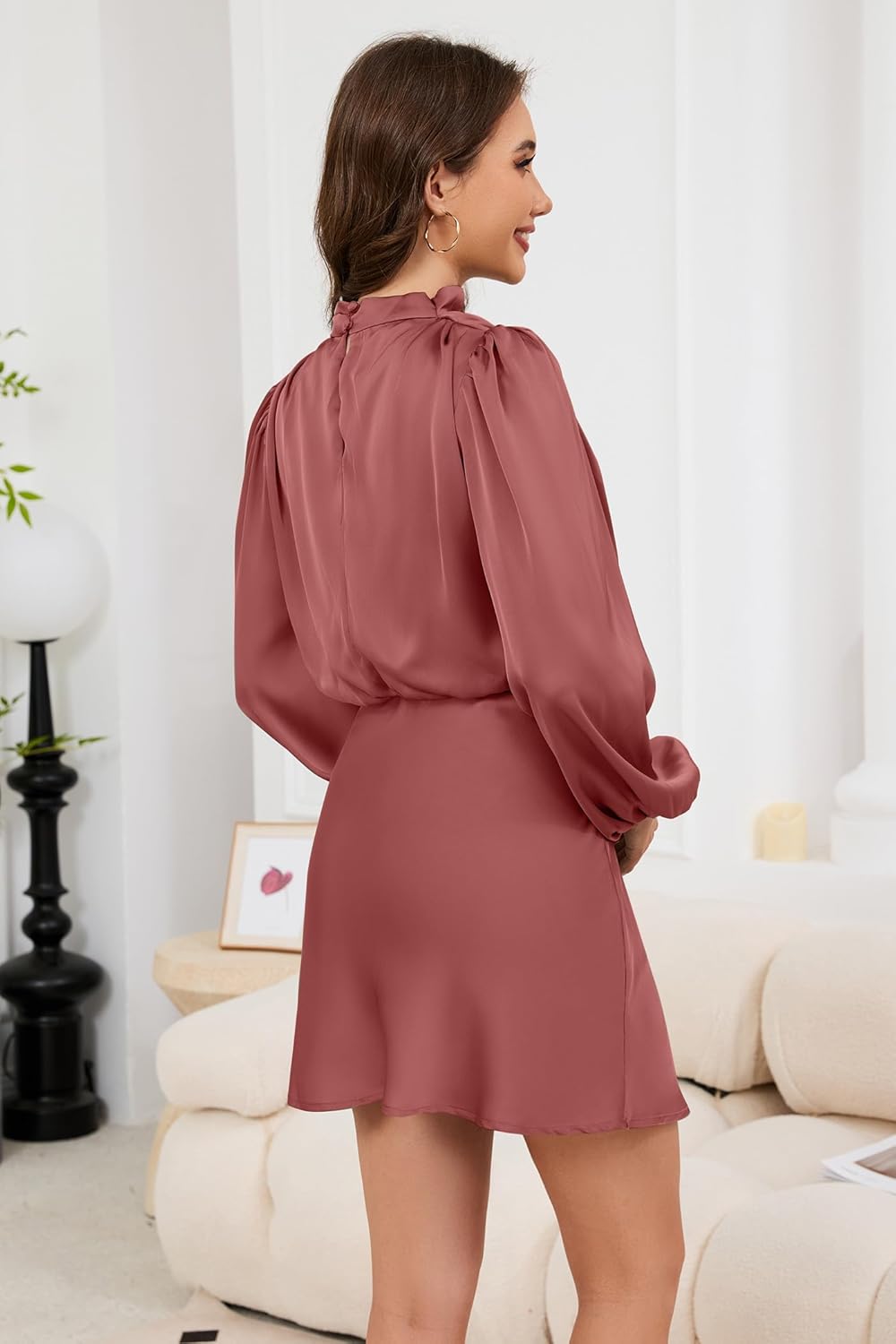 Cocktail Dresses for Women Long Sleeve Satin Short Formal Dress Elegant Mock Neck Silk Wedding Party Mini Dresses - Image 4