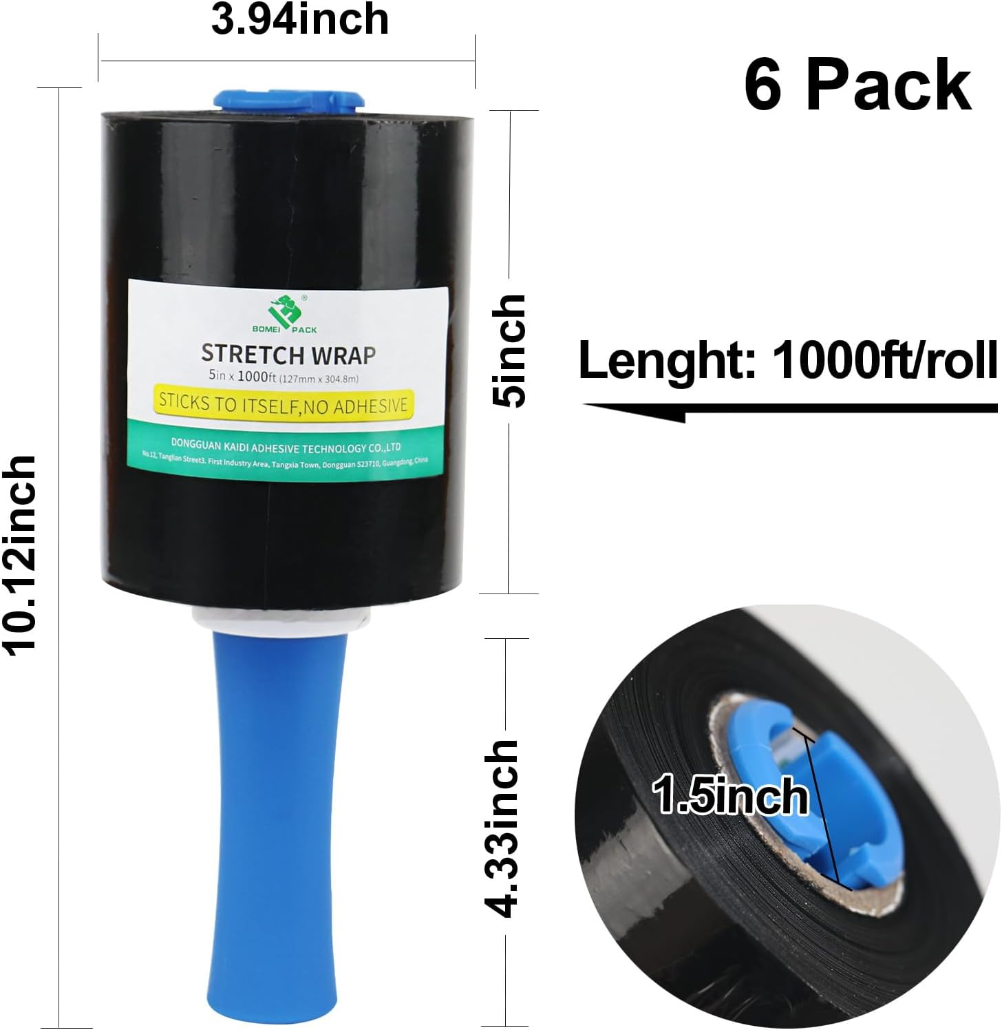 BOMEI PACK Black 6 Pack Industrial Mini Stretch Wrap with 2 Handles 5" 1000ft 80 Gauge for Pallet Film, Durable Self-Adhering Plastic Wrap for Packing,Shipping, Moving, Heavy Duty