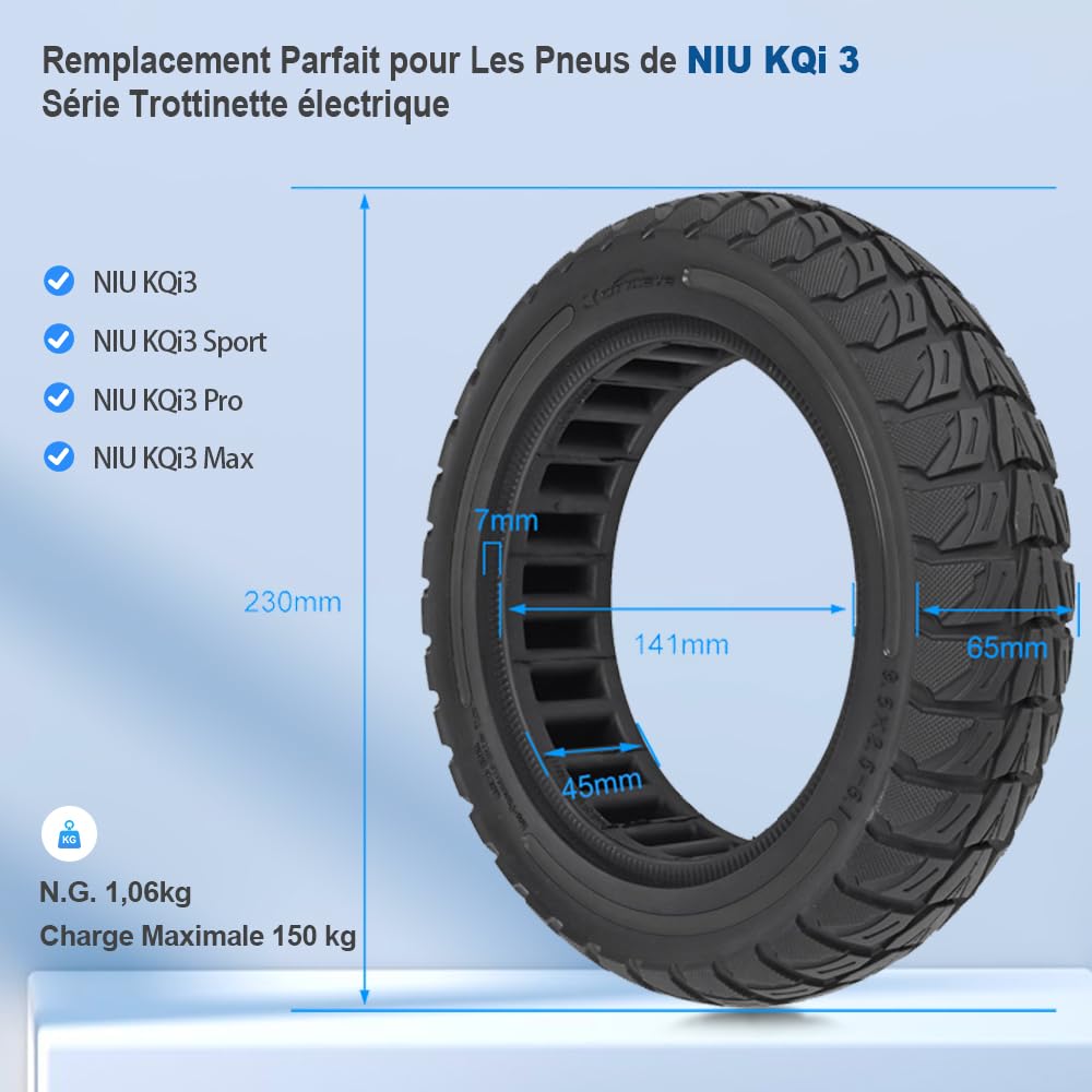 Lot de 2 pneus solides en caoutchouc massif 9,5 x 2,5-6,1 pour trottinette électrique NIU KQi3 Sport/Pro/Max avant ou arrière Pneu de rechange Pneu complet en nid d'abeille Antidérapant