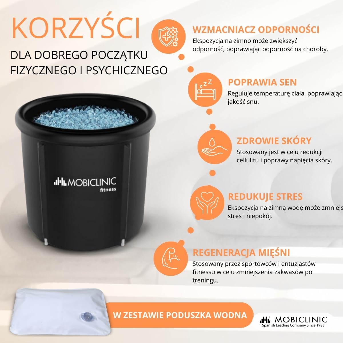Mobiclinic® fitness, Wanna lodowa, Artic, 350l, Odbudowa mięśniowa, Dla sportowców, 83x83x75cm, Przenośna, Podwójna terapia, Torba transportowa, Nadmuchiwana poduszka i pokrywa, Nadmuchiwany