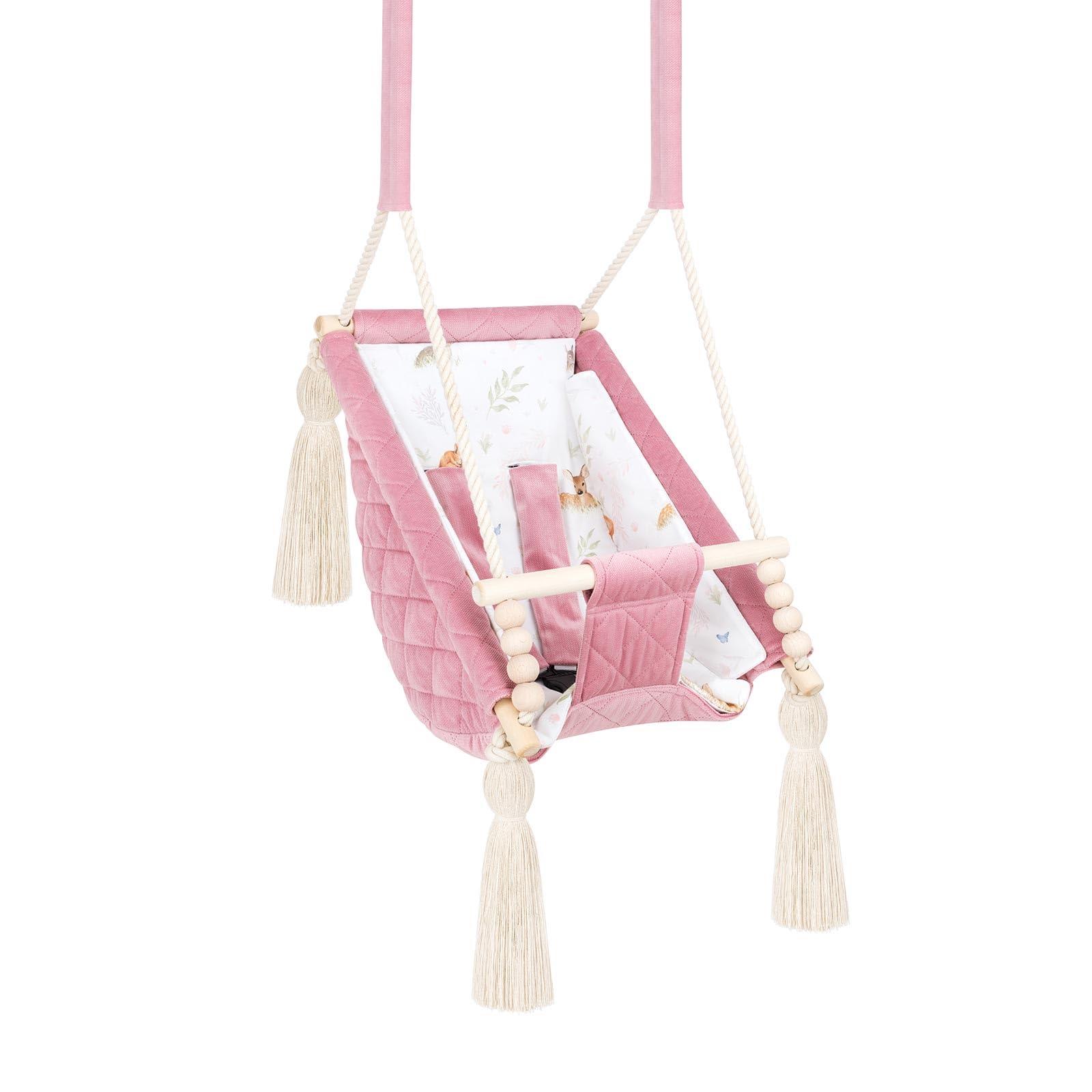 Altalena Bambino Rosa Velluto, Amaca Interna 2m+, Personalizzabile con Nome Ricamato, Made in Europa, Sedile sospeso sicuro 25kg