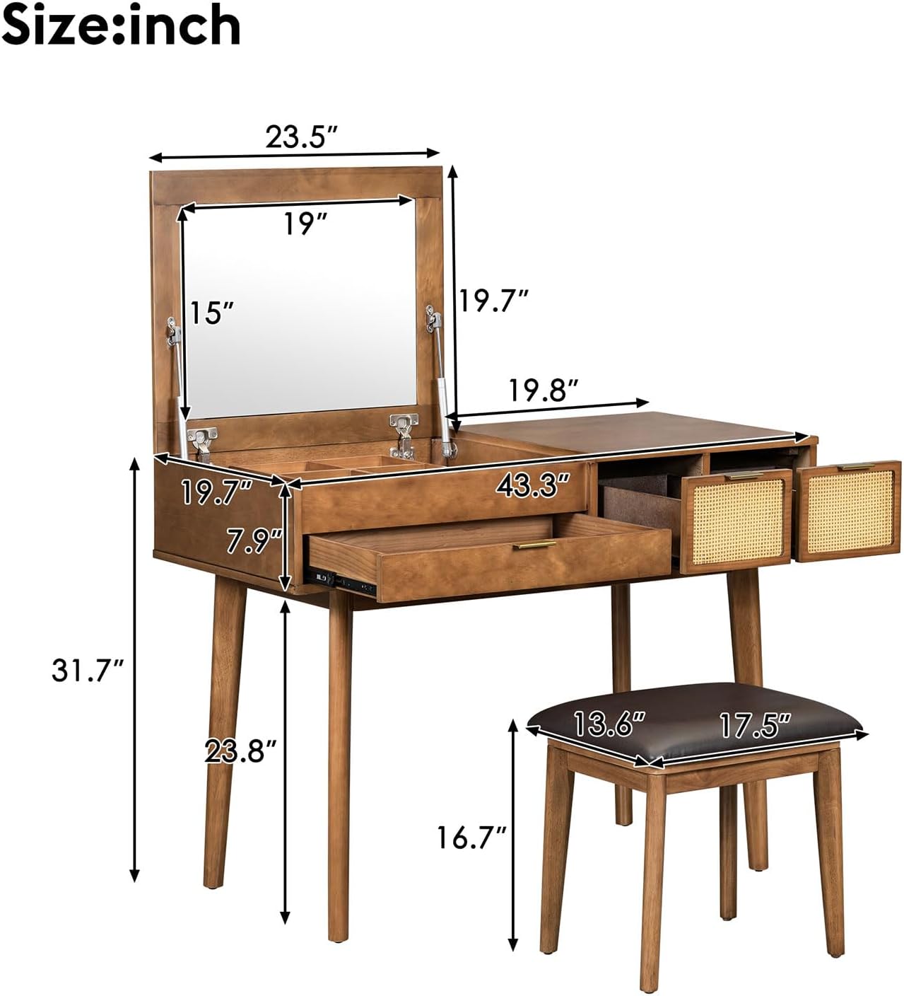 Makeup Vanity Desk with Mirror, Rattan Farmhouse Table 3 Drawers, 8 Storage Box, Dressing Set Cushioned Chair for Bedroom,White (Brown)