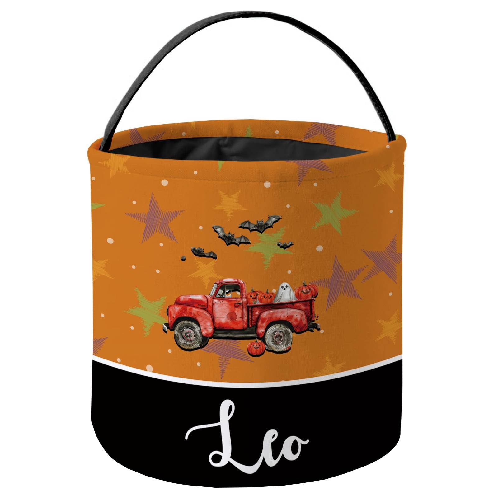 KafePross Personalized Halloween Trick or Treat Bag Customized Name Goody Bag Car Star Decor Orange Black Basket Candy Bucket 9 x 9.8 Inch Style 25