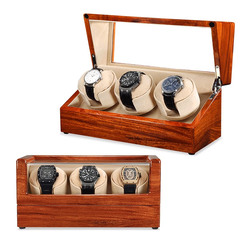FENOKD Watch Winder Piano Paint + Rosewood Solid Wood Automatic Rotation 3 Slot Watches Winding Display Box