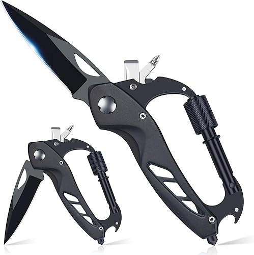 Miniatura 10 de Llavero con mosquetón multiherramienta con cuchillo de bolsillo, regalo para hombres, papá, esposo, multiherramienta 6 en 1 con llavero de mosquetón