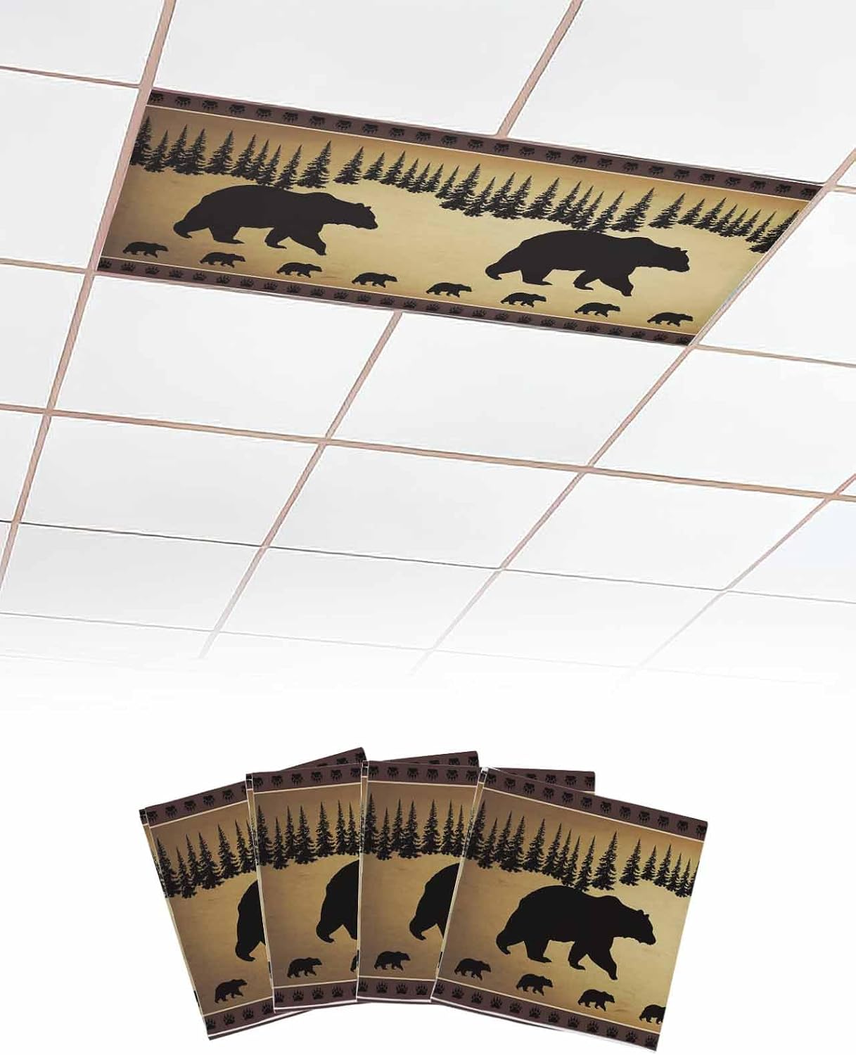 Black Bear Silhouette 4 Pack Fluorescent Light Cover for Ceiling Lights, Vintage Animals Magnetic Classroom Light Filters 4x2 Feet, Brown Forest Decorative Ceiling Shade Panel for Office