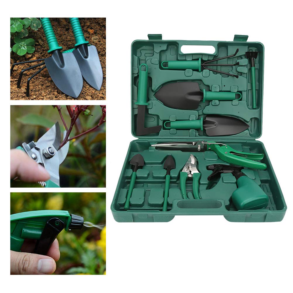 Garten-Handwerkzeug, Gartenzubehör 10 Stück Multifunktionales Schaufel-Rechen-Klipper-Set mit Kunststoffkoffer Haushalts-Garten-Handwerkzeug