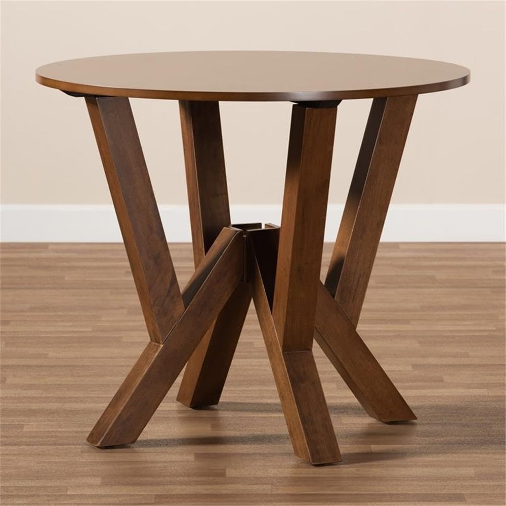 Bowery Hill Round Wood Dining Table, 35 in Wide, Walnut Finish, Rubberwood and MDF Construction, Sculptural Geometric Base, Seats up to 4, Contemporary Style Dining Room Table for Casual or Formal Use