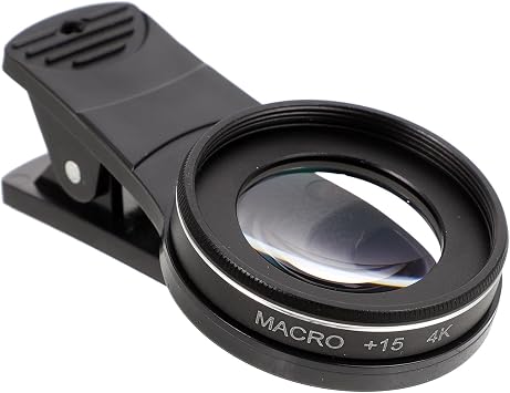 Hemobllo 15x Macro Lens Clip-On 2.95x1.57x0.78In 24.8g Black Glass Aluminum Alloy Stainless Steel for Close-Up Flower & Jewelry Photography, Universal Smartphone Attachment