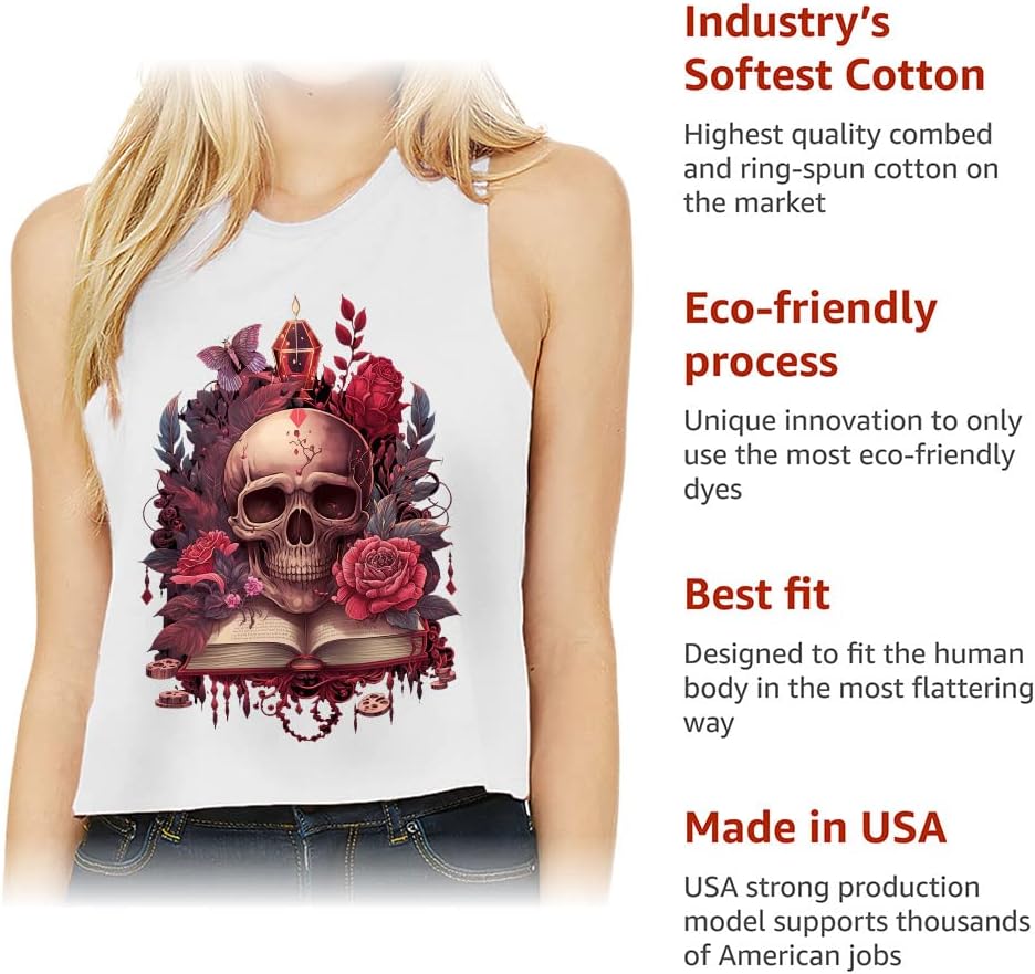 Floral Skull Print Racerback Cropped Tank - Graphic Art Women's Tank - Cool Tank Top - Heather Dusty Blue, L