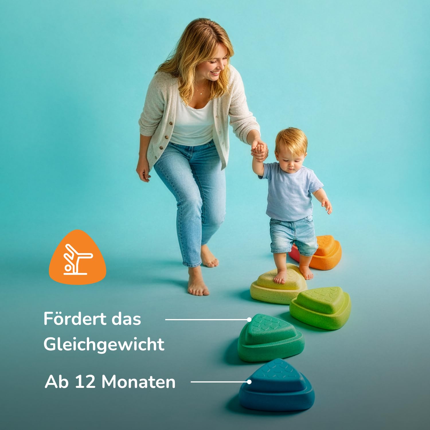 Nattou Blocky Balancesteine für Kinder - Stapelbare Spielsteine - Rutschfestes Sensorisches Spielzeug - Innen & Außen - Fördert Gleichgewicht & Motorik - 50 cm - Mehrfarbig